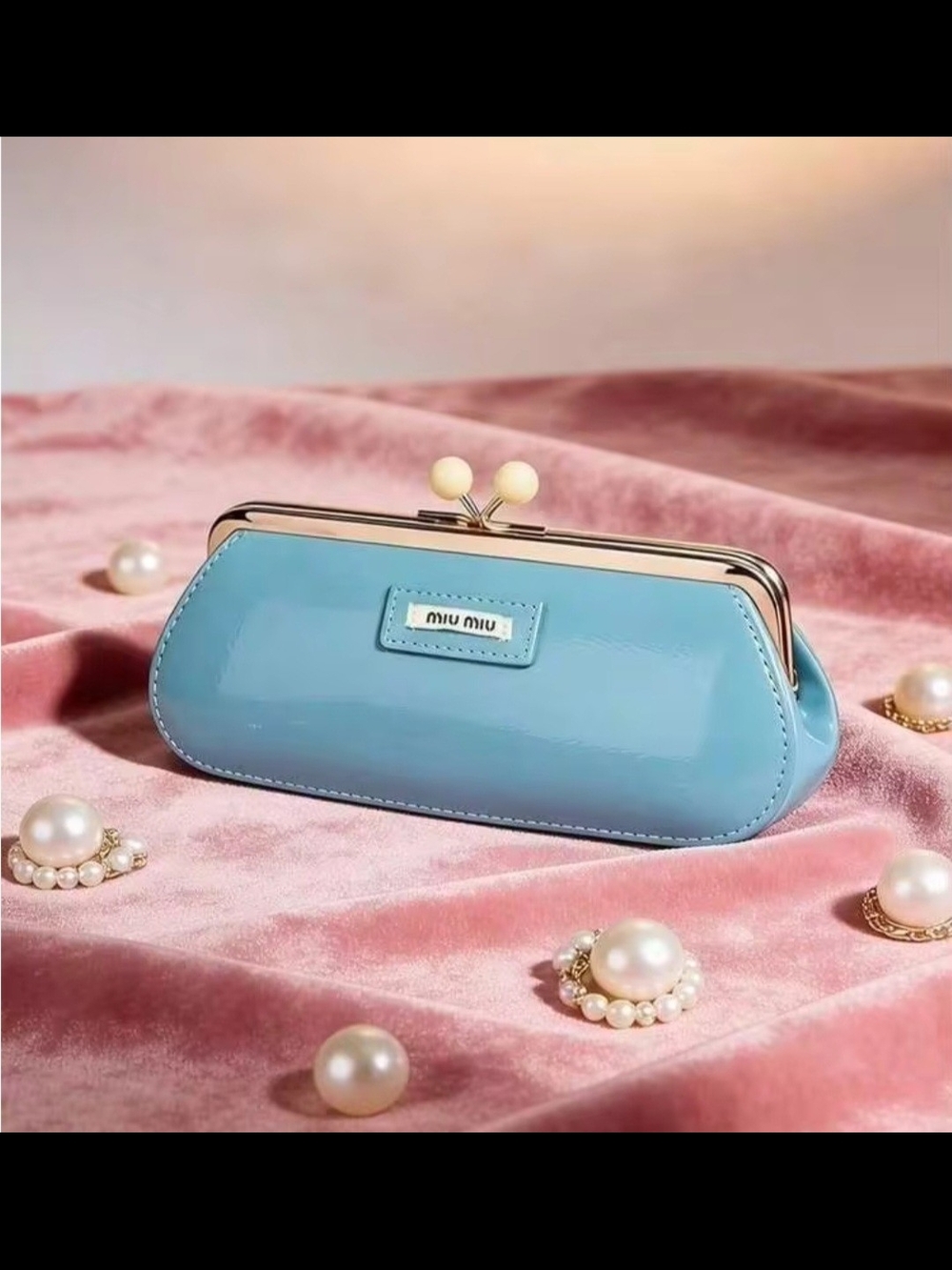 GWP VIP Miu Miu Blue Patent Leather Kiss-Lock Clutch/Cosemtic Bag